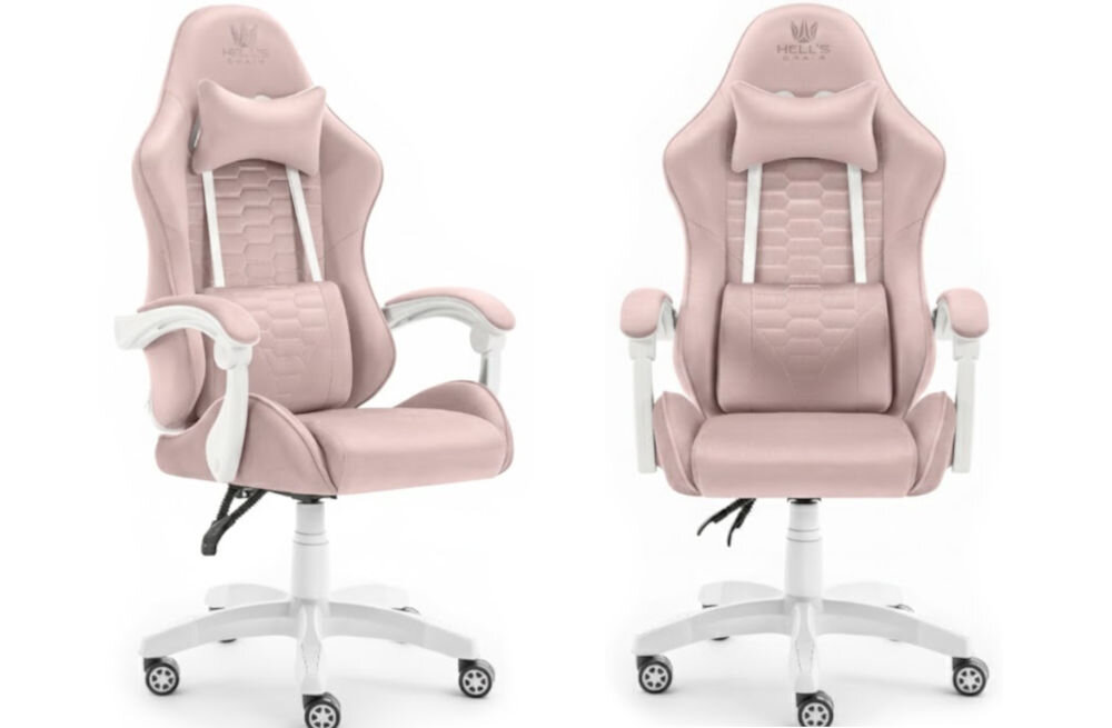 Fotel HELL'S CHAIR HC-1000 Różowo-biały prezentacja fotela od przodu pod kątem i boku na jasnym tle wyprofilowany kształt oparcia zapobieganie dolegliwościom bólowym kręgosłupa utrzymanie prawidłowej postawy komfort