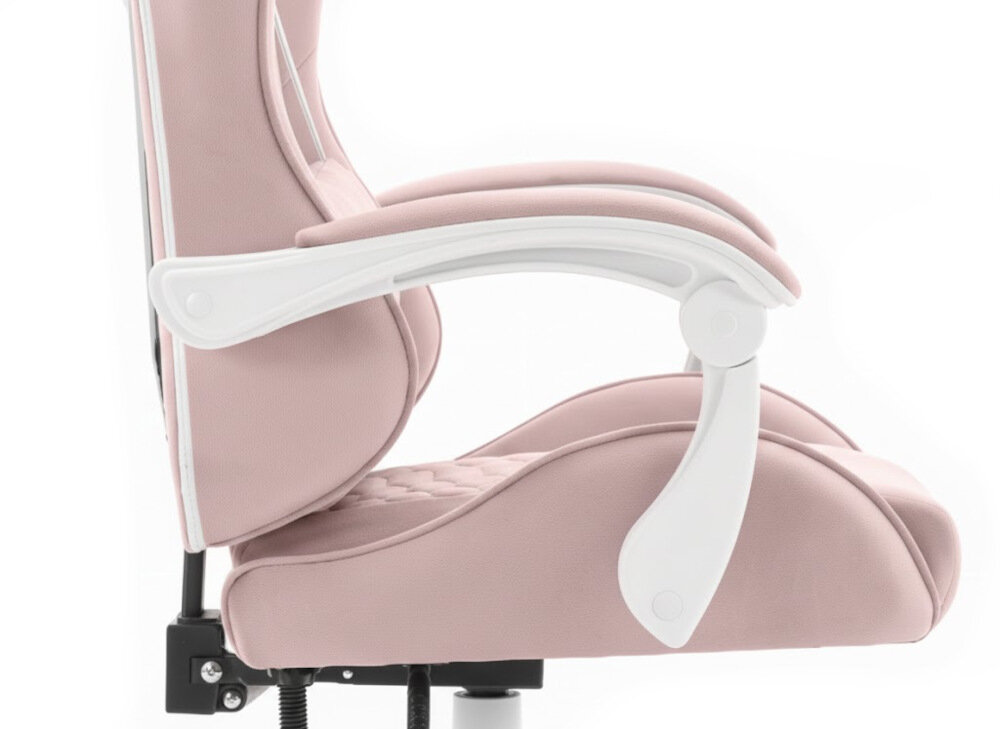 Fotel HELL'S CHAIR HC-1000 Różowo-biały zbliżenie na podłokietniki jasne tło miękkie wypełnienie solidne podparcie spójna stylistyka komfort przedramion