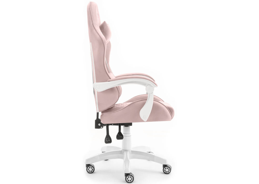 Fotel HELL'S CHAIR HC-1000 Różowo-biały prezentacja fotela od boku na jasnym tle płynnie regulowana wysokość siedziska prawidłowa cyrkulacja krwi redukcja uczucia zmęczenia nóg podnośnik gazowy certyfikat SGS