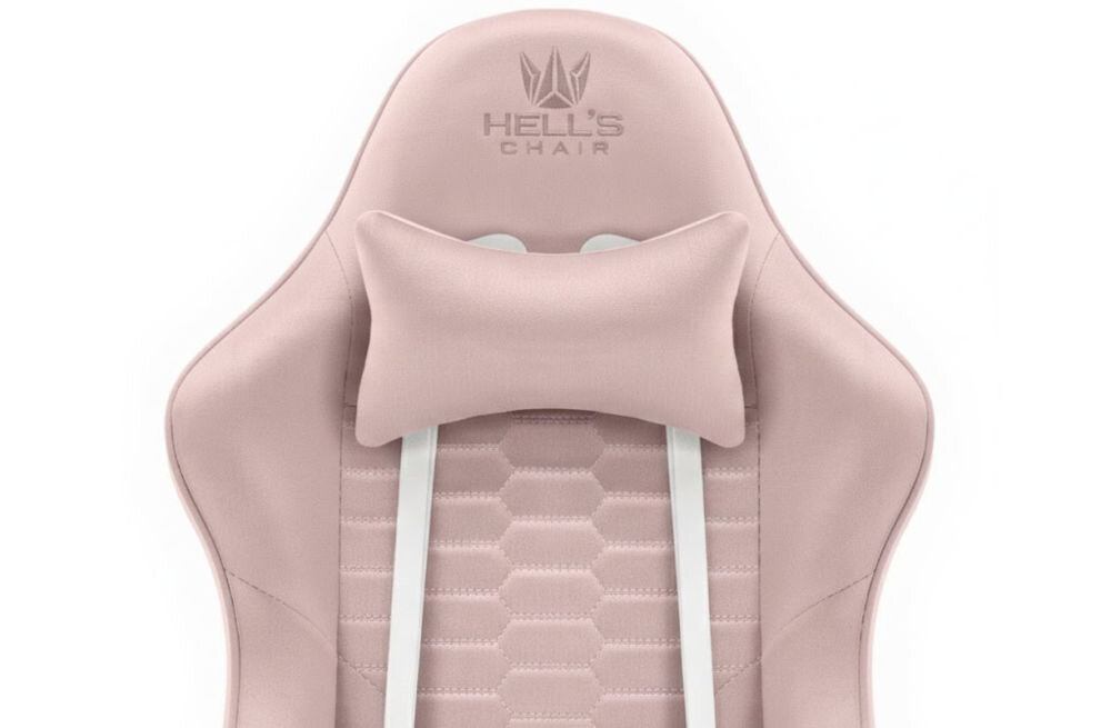 Fotel HELL'S CHAIR HC-1000 Różowo-biały zbliżenie na oparcie i napis z marką jasne tło szerokie zastosowanie rozrywka nauka praca ergonomia partner do zadań specjalnych