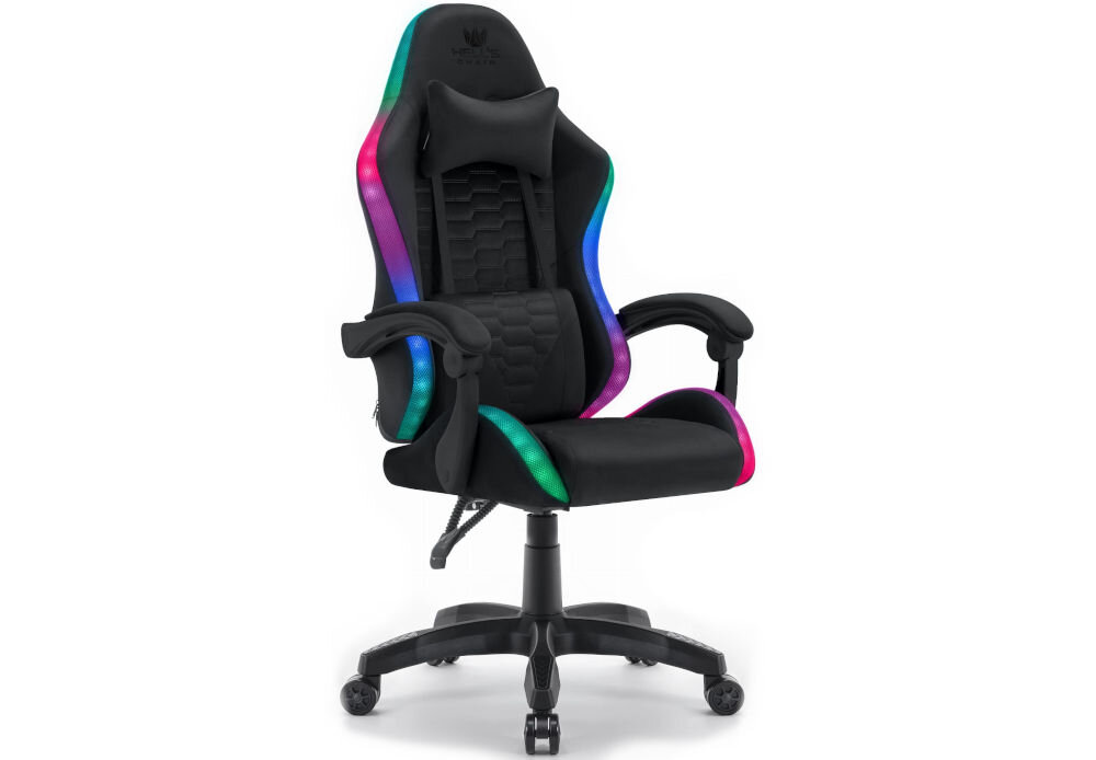 Fotel HELL'S CHAIR HC-1000 LED RGB Czarny prezentacja fotela od przodu pod kątem na białym tle wyróżniający się design komfort elegancka forma