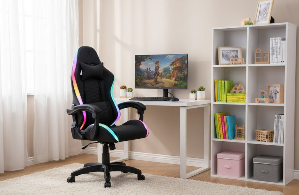 Fotel HELL'S CHAIR HC-1000 LED RGB Czarny prezentacja fotela pod kątem w pokoju