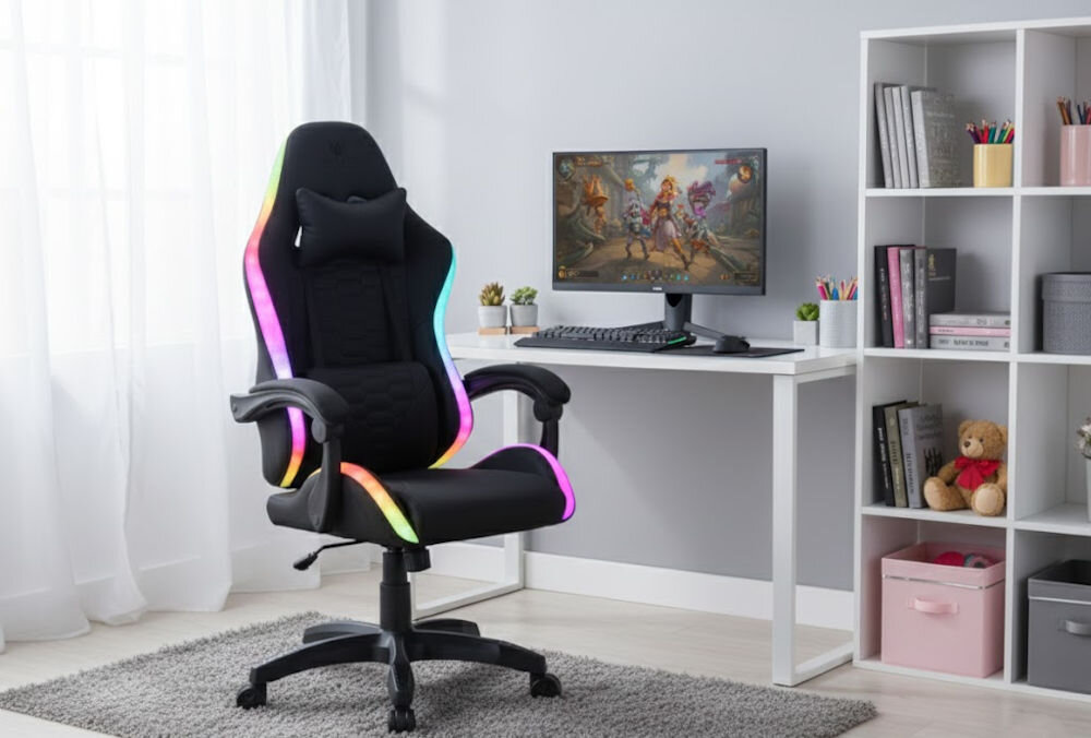 Fotel HELL'S CHAIR HC-1000 LED RGB Czarny prezentacja fotela pod kątem w pokoju przy biurku wzrost optymalne dopasowanie podparcie ciała komfort