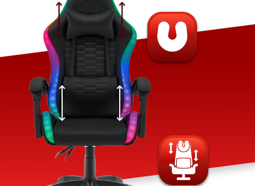 Fotel HELL'S CHAIR HC-1000 LED RGB Czarny prezentacja fotela na czerwono-białym tle strzałkami zaznaczona możliwość regulacji poduszek ikony poduszka lędźwiowa poduszka wspierająca mięśnie karku odpowiednie podparcie dla ciała komfort suwak wymiana wypełnienia indywidualne potrzeby