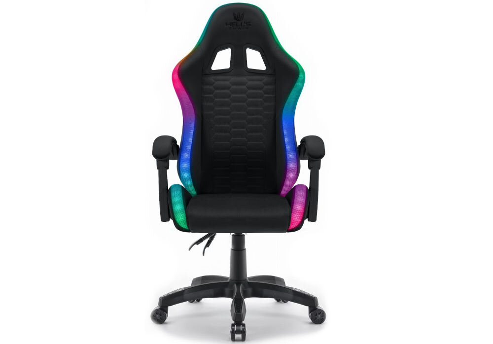 Fotel HELL'S CHAIR HC-1000 LED RGB Czarny prezentacja fotela od przodu na białym tle obok dziecko wymiary stabilność
