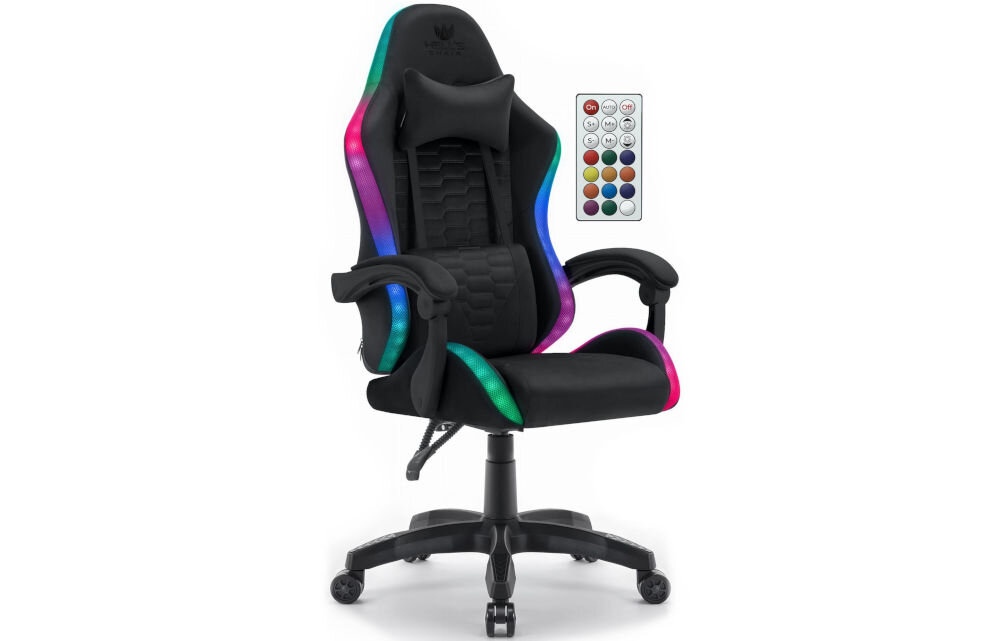 Fotel HELL'S CHAIR HC-1000 LED RGB Czarny prezentacja fotela od przodu pod kątem na białym tle obok pilot podświetlenie LED RGB do wyboru kolor lub jeden z wielu programów dynamicznej zmiany barw pilot bateria
