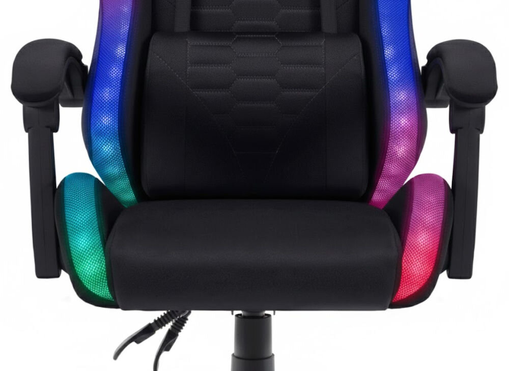 Fotel HELL'S CHAIR HC-1000 LED RGB Czarny zbliżenie na siedzisko i poduszkę fotela białe tło dbałość o elementy trwały i praktyczny welur profilowana poduszka pod lędźwie tapicerowane podłokietniki