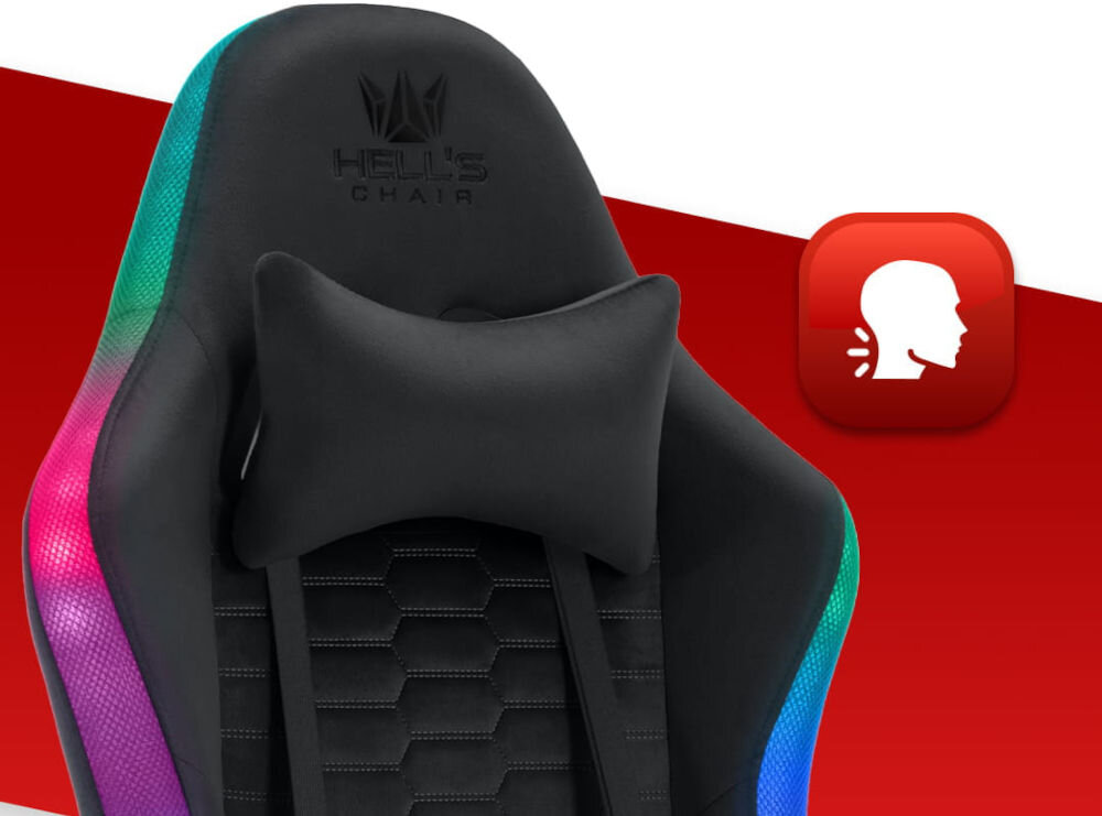 Fotel HELL'S CHAIR HC-1000 LED RGB Czarny zbliżenie na oparcie i poduszkę na czerwono-białym tle ikona wyprofilowana poduszka wsparcie głowy i mięśni karku komfort suwak indywidualny poziom miękkości
