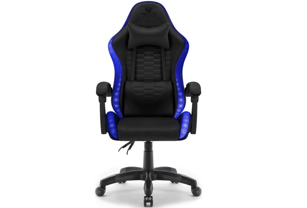 Fotel HELL'S CHAIR HC-1000 LED RGB Czarny prezentacja fotela od przodu na białym tle wyprofilowany kształt oparcia zapobieganie dolegliwościom bólowym kręgosłupa utrzymanie prawidłowej postawy komfort