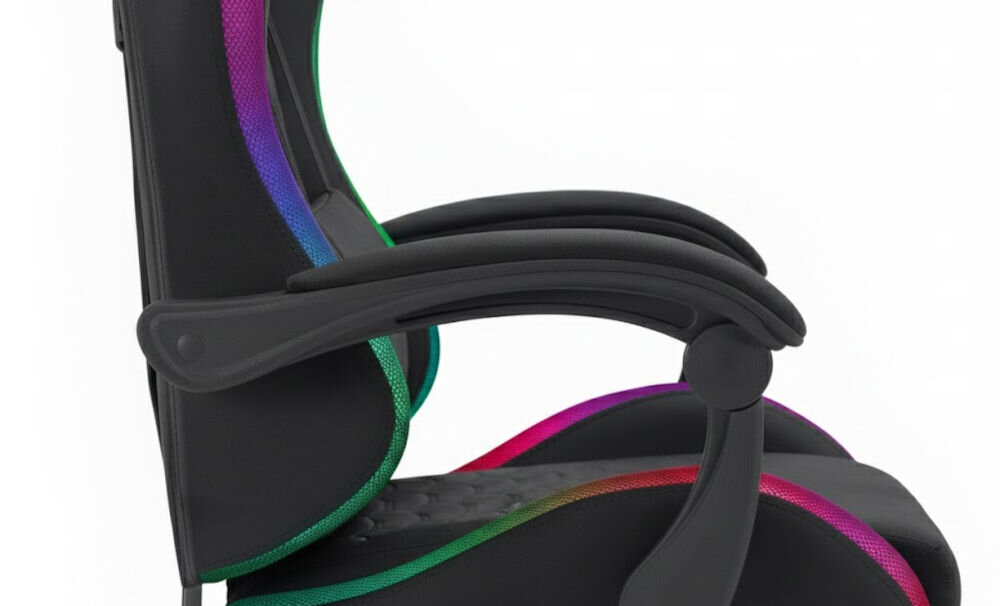 Fotel HELL'S CHAIR HC-1000 LED RGB Czarny zbliżenie na podłokietniki białe tło miękkie wypełnienie solidne podparcie spójna stylistyka komfort przedramion