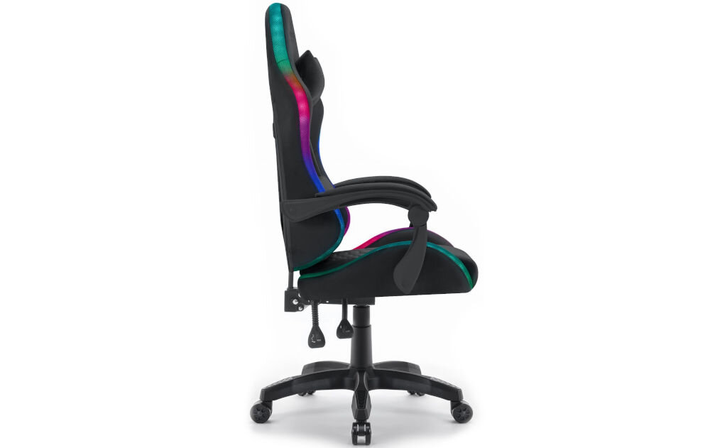 Fotel HELL'S CHAIR HC-1000 LED RGB Czarny prezentacja fotela od boku na białym tle płynnie regulowana wysokość siedziska prawidłowa cyrkulacja krwi redukcja uczucia zmęczenia nóg podnośnik gazowy certyfikat SGS