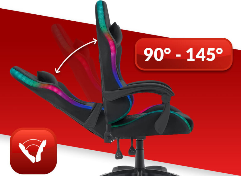 Fotel HELL'S CHAIR HC-1000 LED RGB Czarny prezentacja fotela od boku i jego możliwej regulacji na czerwono-białym tle płynna regulacja kąta pochylenia oparcia wygodna dźwignia optymalna pozycja dla komfortu