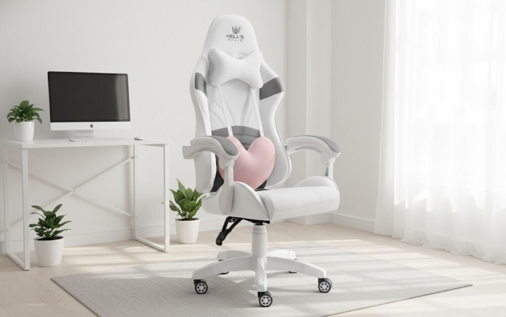 Fotel HELL'S CHAIR Rainbow 2.0 Indyvidual Biało-Szary prezentacja fotela pod kątem w jasnym pokoju wzrost optymalne dopasowanie podparcie ciała komfort