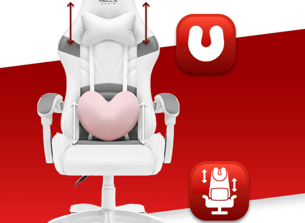 Fotel HELL'S CHAIR Rainbow 2.0 Indyvidual Biało-Szary prezentacja fotela na białym tle z paskiem czerwonym strzałkami zaznaczona możliwość regulacji poduszek ikony poduszki lędźwiowe poduszka wspierająca mięśnie karku odpowiednie podparcie dla ciała komfort suwak wymiana wypełnienia indywidualne potrzeby