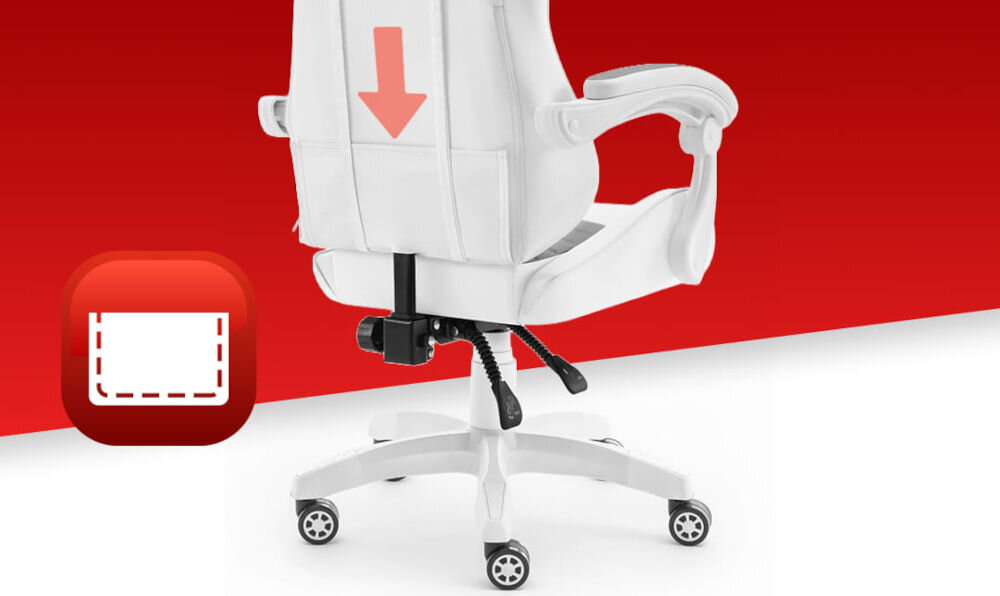 Fotel HELL'S CHAIR Rainbow 2.0 Indyvidual Biało-Szary prezentacja fotela od tyłu pokazanie strzałką kieszeni obok ikona białe tło z paskiem czerwonym kieszeń z tyłu oparcia praktyczny schowek