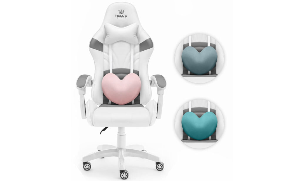 Fotel HELL'S CHAIR Rainbow 2.0 Indyvidual Biało-Szary prezentacja fotela od przodu na jasnym tle pokazane kolory poduszek w kształcie serca trzy regulowane poduszki lędźwiowe personalizacja kształt serca kolory