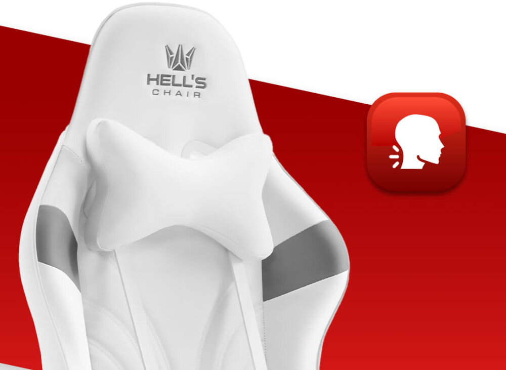 Fotel HELL'S CHAIR Rainbow 2.0 Indyvidual Biało-Szary zbliżenie na oparcie i poduszkę na białym tle z paskiem czerwonym ikona wyprofilowana poduszka wsparcie głowy i mięśni karku komfort suwak indywidualny poziom miękkości