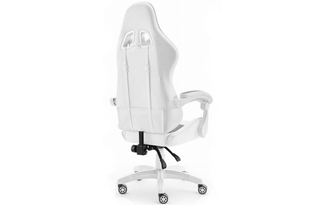 Fotel HELL'S CHAIR Rainbow 2.0 Indyvidual Biało-Szary prezentacja fotela od tyłu pod kątem na jasnym tle wyprofilowany kształt oparcia zapobieganie dolegliwościom bólowym kręgosłupa utrzymanie prawidłowej postawy komfort