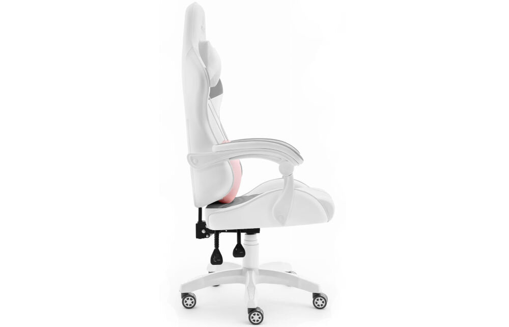 Fotel HELL'S CHAIR Rainbow 2.0 Indyvidual Biało-Szary prezentacja fotela od boku na jasnym tle płynnie regulowana wysokość siedziska prawidłowa cyrkulacja krwi redukcja uczucia zmęczenia nóg podnośnik gazowy certyfikat SGS