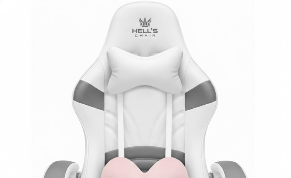 Fotel HELL'S CHAIR Rainbow 2.0 Indyvidual Biało-Szary zbliżenie na oparcie i napis z marką jasne tło szerokie zastosowanie rozrywka nauka praca ergonomia partner do zadań specjalnych