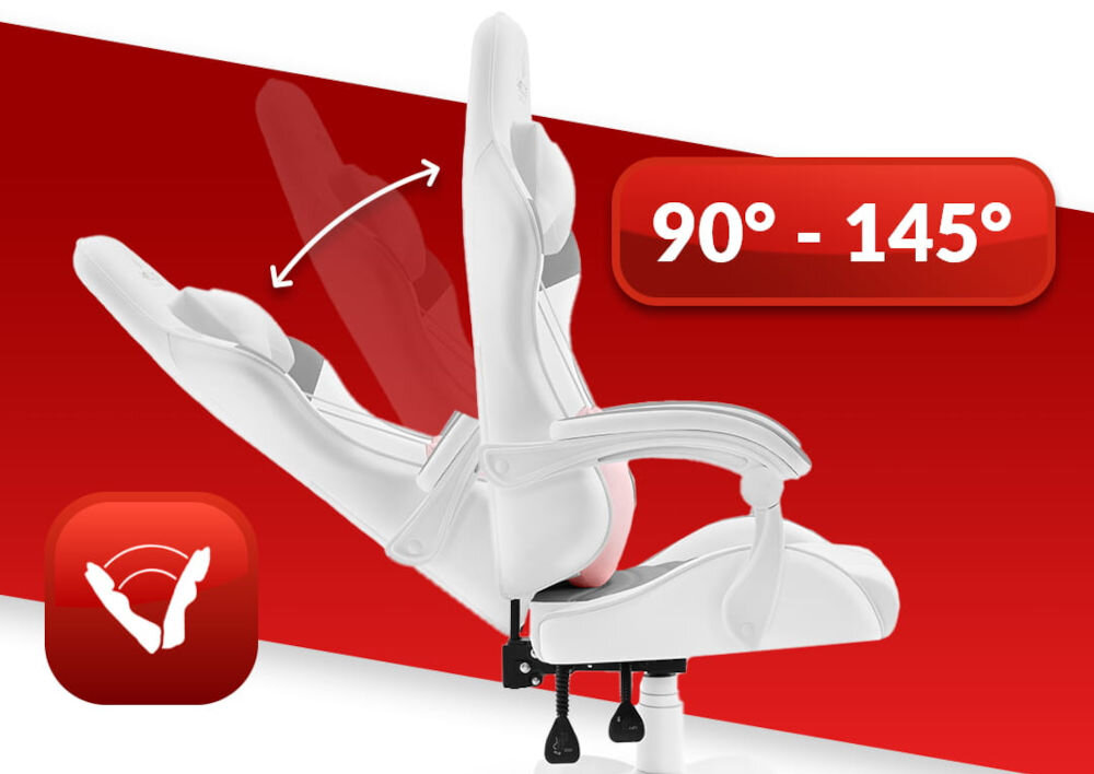 Fotel HELL'S CHAIR Rainbow 2.0 Indyvidual Biało-Szary prezentacja fotela od boku i jego możliwej regulacji na białym tle z paskiem czerwonym płynna regulacja kąta pochylenia oparcia zakres wygodna dźwignia optymalna pozycja dla komfortu