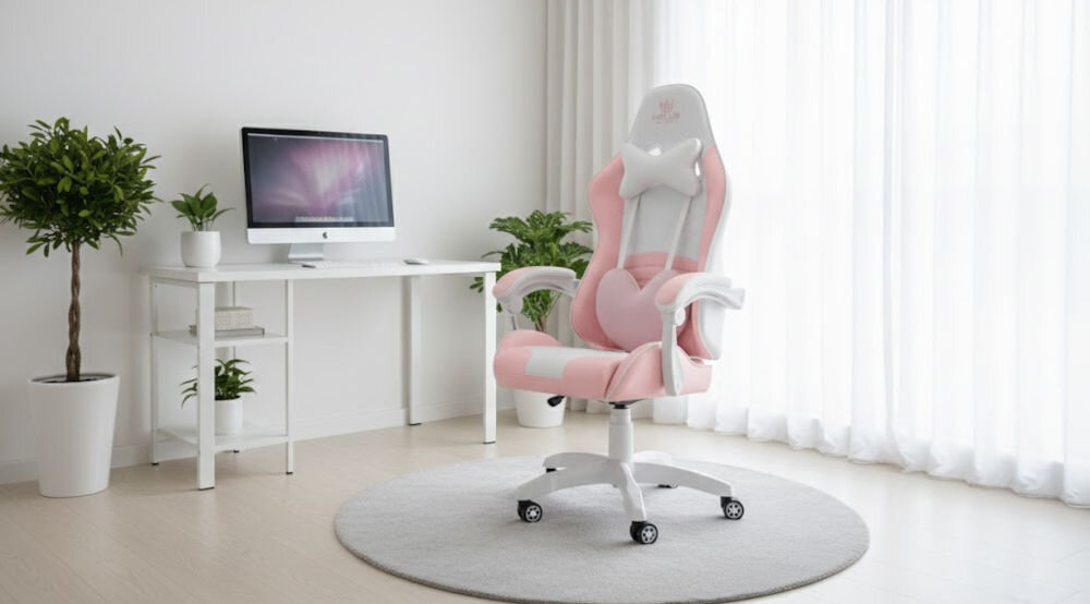 Fotel HELL'S CHAIR Rainbow 2.0 Różowo-Biały prezentacja fotela pod kątem w jasnym pokoju wzrost optymalne dopasowanie podparcie ciała komfort