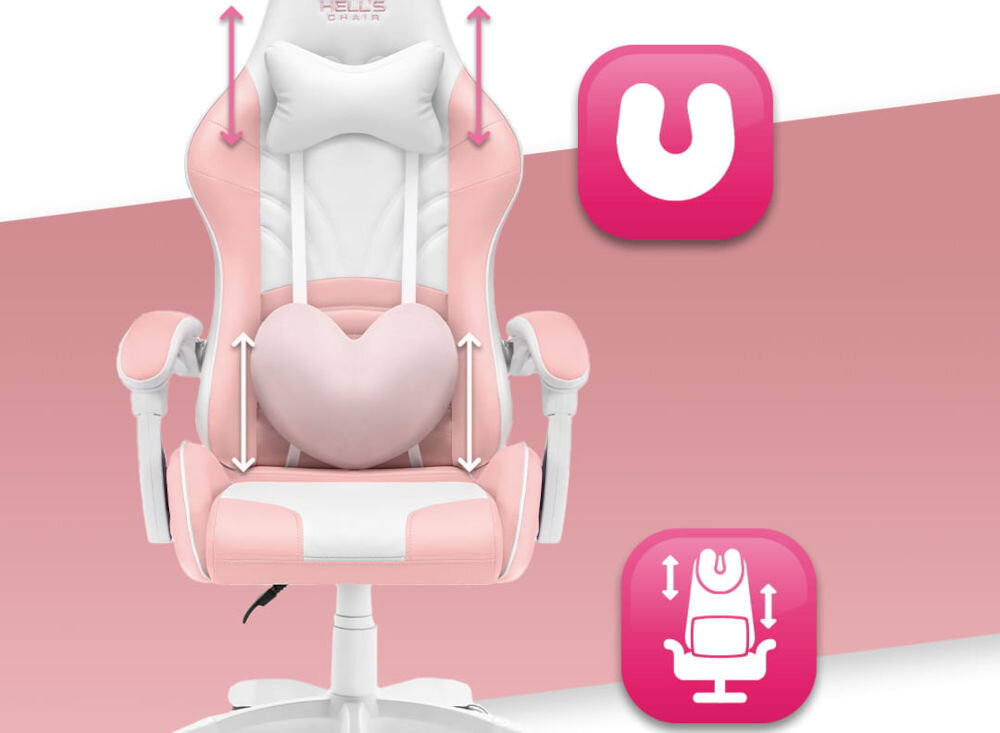 Fotel HELL'S CHAIR Rainbow 2.0 Różowo-Biały prezentacja fotela na białym tle z paskiem różowym strzałkami zaznaczona możliwość regulacji poduszek ikony poduszka lędźwiowa poduszka wspierająca mięśnie karku odpowiednie podparcie dla ciała komfort suwak wymiana wypełnienia indywidualne potrzeby