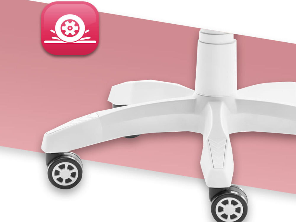 Fotel HELL'S CHAIR Rainbow 2.0 Różowo-Biały zbliżenie na kółka na białym tle z paskiem różowym ikona kółek poliuretanowo-kauczukowa powłoka cicha i płynna praca ochrona podłogi