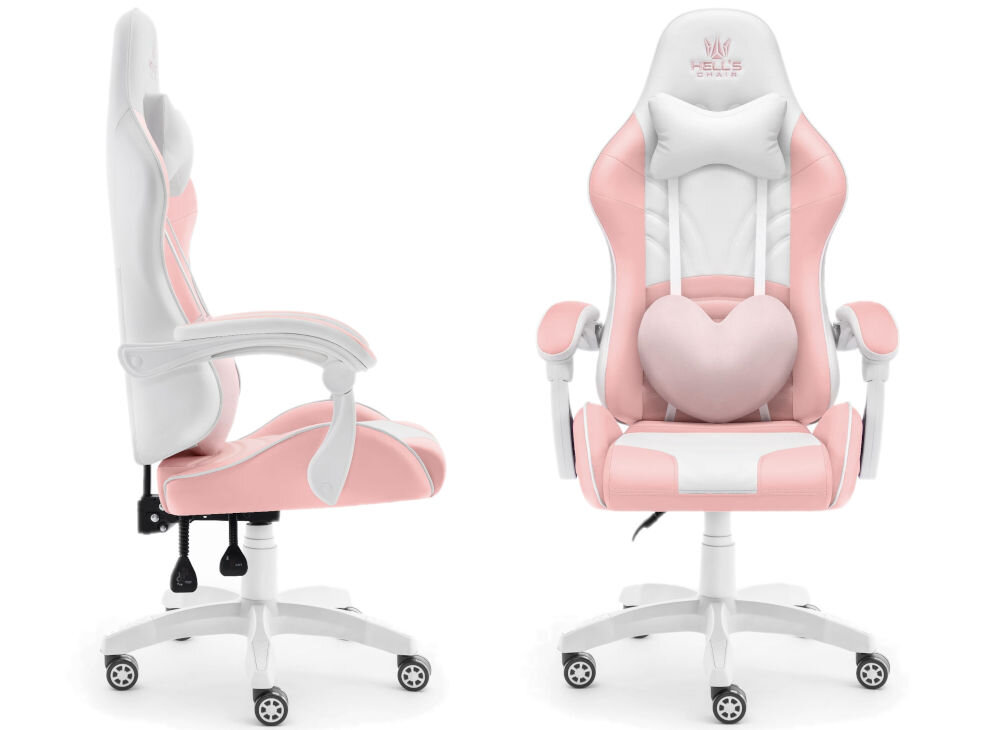 Fotel HELL'S CHAIR Rainbow 2.0 Różowo-Biały prezentacja fotela od boku i przodu na białym tle wymiary stabilność