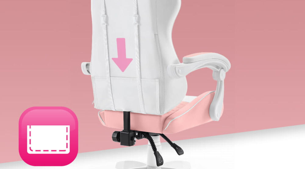 Fotel HELL'S CHAIR Rainbow 2.0 Różowo-Biały prezentacja fotela od tyłu pokazanie strzałką kieszeni obok ikona białe tło z paskiem różowym kieszeń z tyłu oparcia praktyczny schowek
