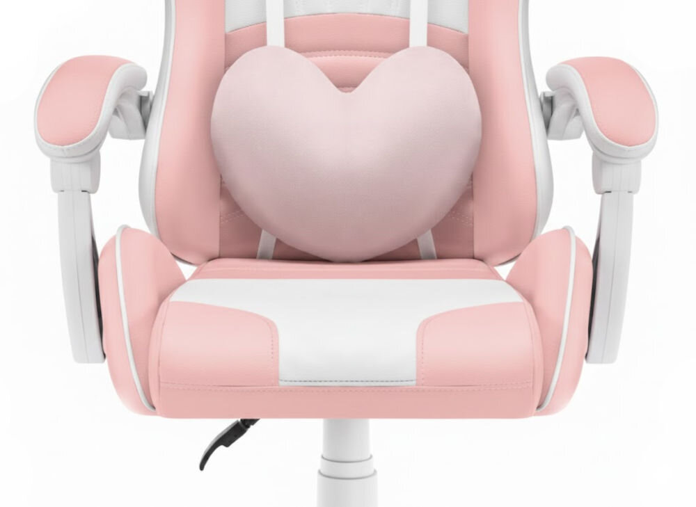 Fotel HELL'S CHAIR Rainbow 2.0 Różowo-Biały zbliżenie na siedzisko i poduszkę fotela jasne tło dbałość o elementy trwała i praktyczna ekoskóra HDPL profilowana poduszka pod lędźwie tapicerowane podłokietniki