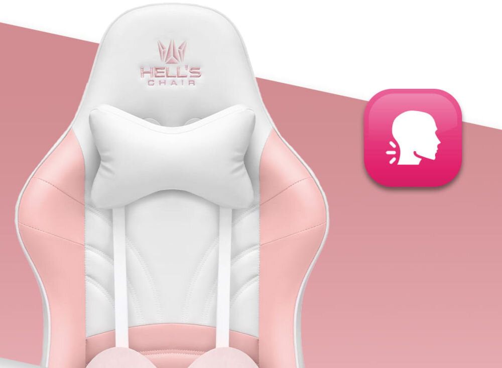 Fotel HELL'S CHAIR Rainbow 2.0 Różowo-Biały zbliżenie na oparcie i poduszkę na białym tle z paskiem różowym ikona wyprofilowana poduszka wsparcie głowy i mięśni karku komfort suwak indywidualny poziom miękkości
