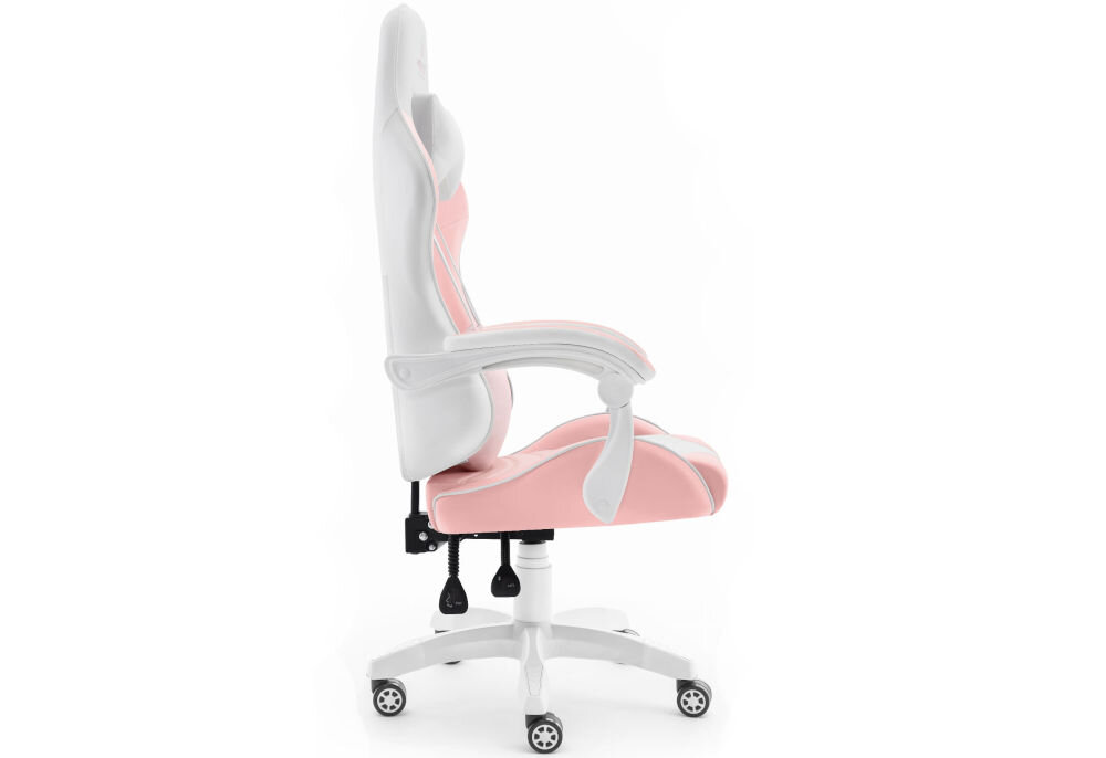 Fotel HELL'S CHAIR Rainbow 2.0 Różowo-Biały prezentacja fotela od boku na jasnym tle płynnie regulowana wysokość siedziska prawidłowa cyrkulacja krwi redukcja uczucia zmęczenia nóg podnośnik gazowy certyfikat SGS