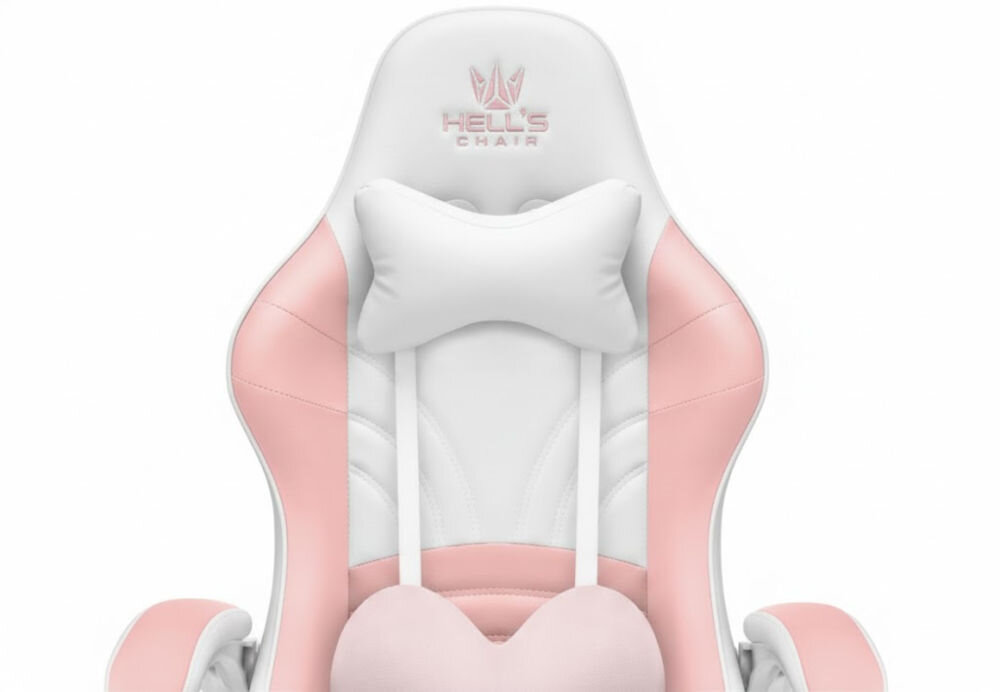 Fotel HELL'S CHAIR Rainbow 2.0 Różowo-Biały zbliżenie na oparcie i napis z marką jasne tło szerokie zastosowanie rozrywka nauka praca ergonomia partner do zadań specjalnych