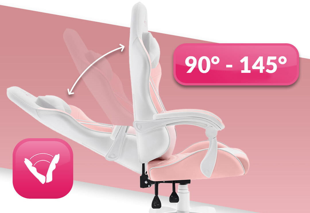 Fotel HELL'S CHAIR Rainbow 2.0 Różowo-Biały prezentacja fotela od boku i jego możliwej regulacji na białym tle z paskiem różowym płynna regulacja kąta pochylenia oparcia zakres wygodna dźwignia optymalna pozycja dla komfortu