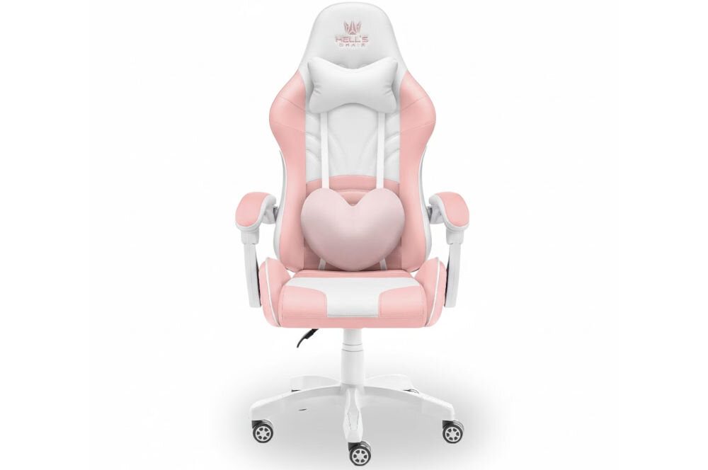 Fotel gamingowy w kolorach różowym i białym z poduszką w kształcie serca. Na zagłówku widoczne jest logo \'HELL\'S CHAIR\'.