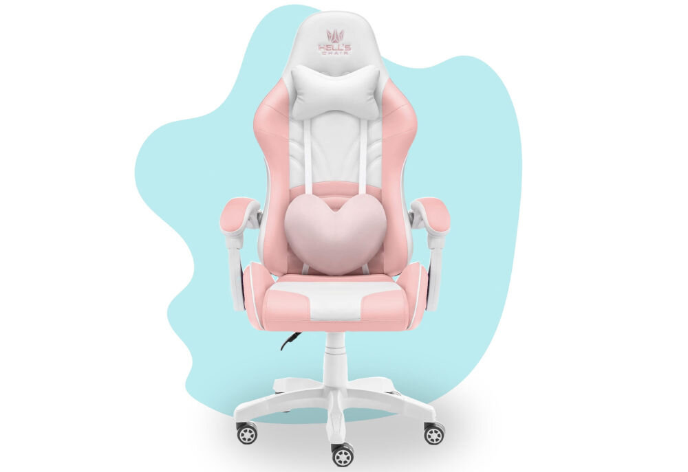 Fotel gamingowy w kolorach różowym i białym z poduszką w kształcie serca. Na zagłówku widoczne jest logo z napisem \'HELL\'S CHAIR\'.