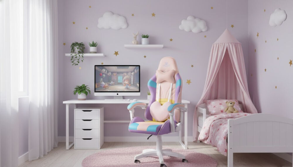Pokój dziecięcy z fotelem gamingowym w pastelowych kolorach przed biurkiem z komputerem. W tle znajduje się łóżko z baldachimem i dekoracje w kształcie chmur i gwiazd na ścianie.
