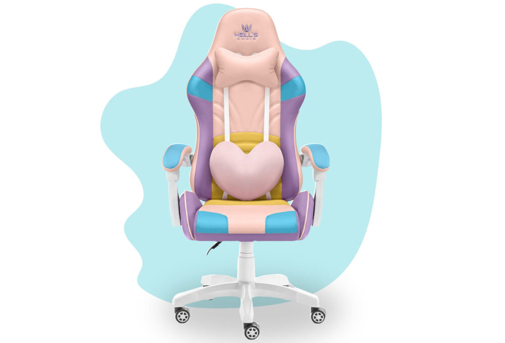 Fotel gamingowy w kolorach pastelowych z poduszką w kształcie serca i napisem \'HELL\'S CHAIR Rainbow Kids 2.0\' na zagłówku. Fotel posiada białą podstawę z kółkami.