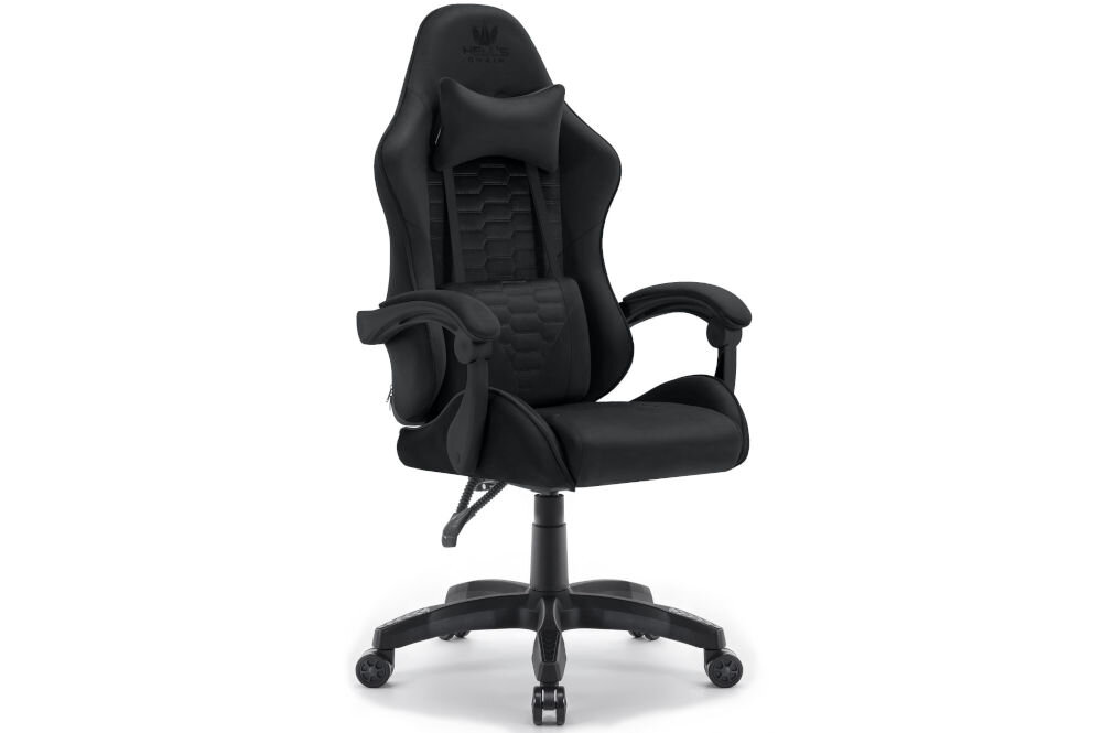 Fotel HELL'S CHAIR HC-1000 Czarny prezentacja fotela od przodu pod kątem na jasnym tle dopracowany design komfort elegancka forma