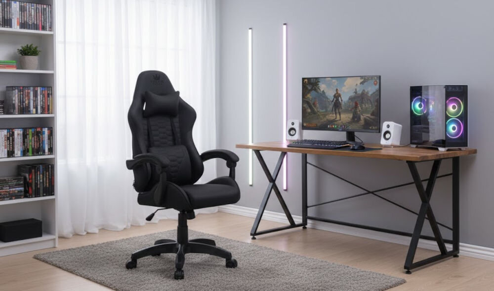 Fotel HELL'S CHAIR HC-1000 Czarny prezentacja fotela w pokoju przy biurku do 120 kg bezpieczne stabilne użytkowanie trwałość wygoda