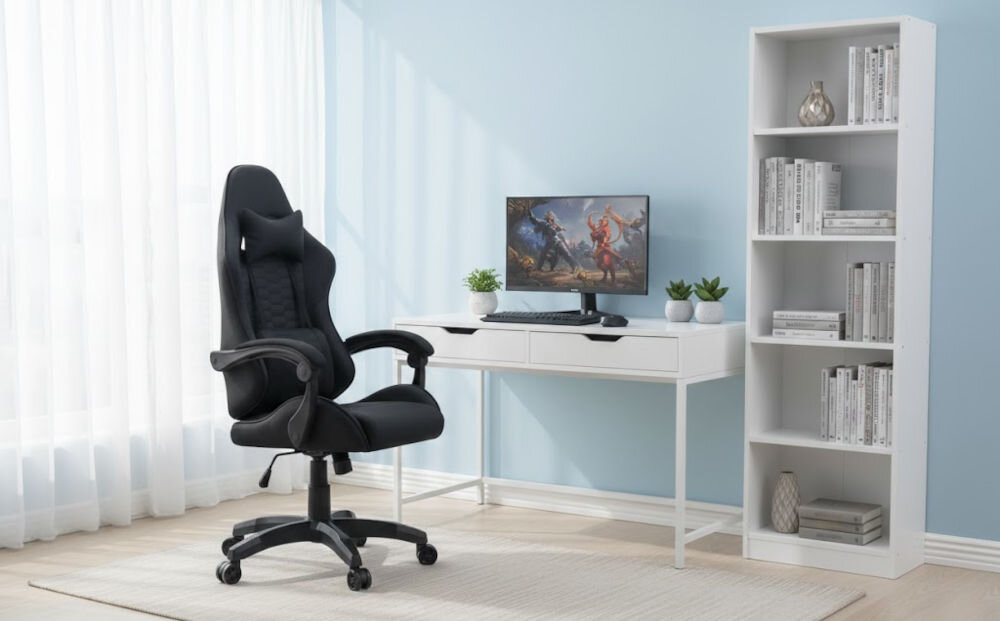 Fotel HELL'S CHAIR HC-1000 Czarny prezentacja fotela przed biurkiem w pokoju wzrost optymalne dopasowanie podparcie ciała komfort