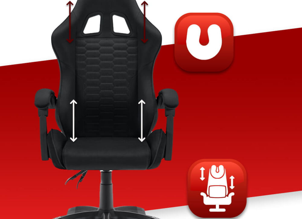 Fotel HELL'S CHAIR HC-1000 Czarny prezentacja fotela na czerwono-białym tle strzałkami zaznaczona możliwość regulacji poduszek ikony poduszka lędźwiowa poduszka wspierająca mięśnie karku odpowiednie podparcie dla ciała komfort suwak wymiana wypełnienia indywidualne potrzeby