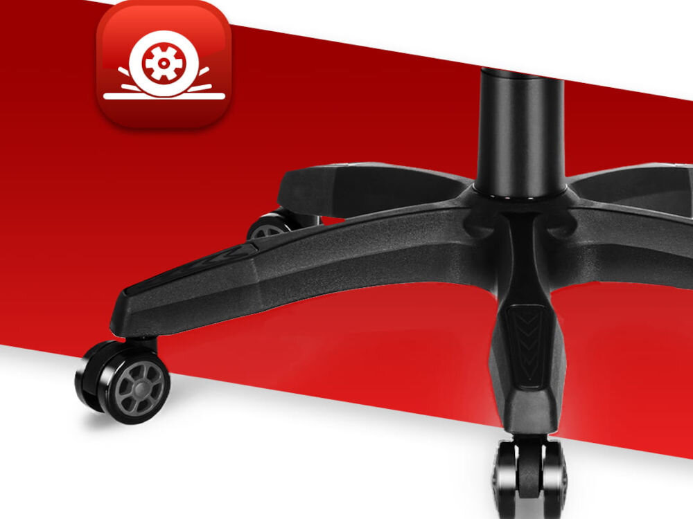 Fotel HELL'S CHAIR HC-1000 Czarny zbliżenie na kółka na czerwono-białym tle ikona kółek poliuretanowo-kauczukowa powłoka cicha i płynna praca ochrona podłogi