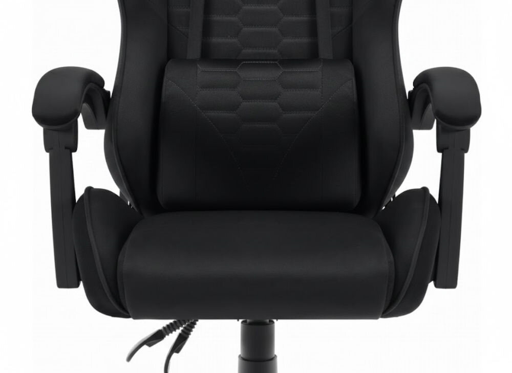 Fotel HELL'S CHAIR HC-1000 Czarny zbliżenie na siedzisko i poduszkę fotela jasne tło dbałość o elementy trwały i praktyczny welur profilowana poduszka pod lędźwie tapicerowane podłokietniki