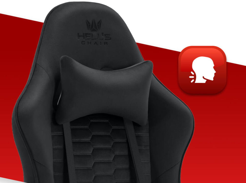 Fotel HELL'S CHAIR HC-1000 Czarny zbliżenie na oparcie i poduszkę na czerwono-białym tle ikona wyprofilowana poduszka wsparcie głowy i mięśni karku komfort suwak indywidualny poziom miękkości