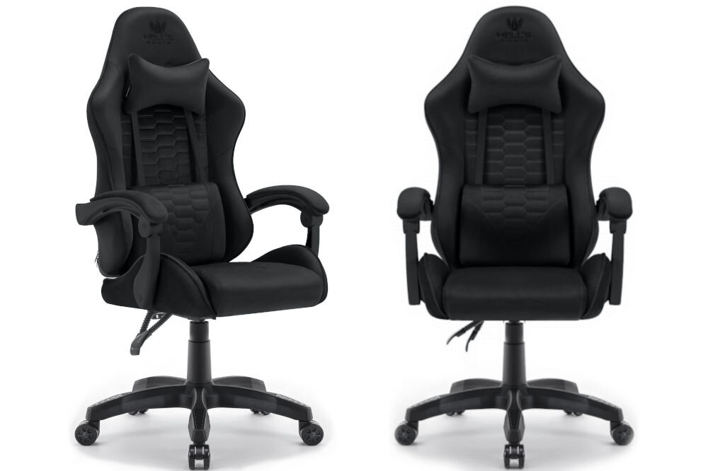 Fotel HELL'S CHAIR HC-1000 Czarny prezentacja fotela od przodu pod kątem i boku na jasnym tle wyprofilowany kształt oparcia zapobieganie dolegliwościom bólowym kręgosłupa utrzymanie prawidłowej postawy komfort