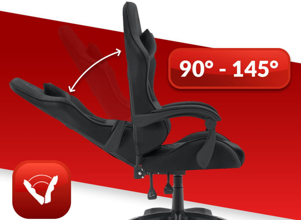 Fotel HELL'S CHAIR HC-1000 Czarny prezentacja fotela od boku i jego możliwej regulacji na czerwono-białym tle płynna regulacja kąta pochylenia oparcia zakres wygodna dźwignia optymalna pozycja dla komfortu