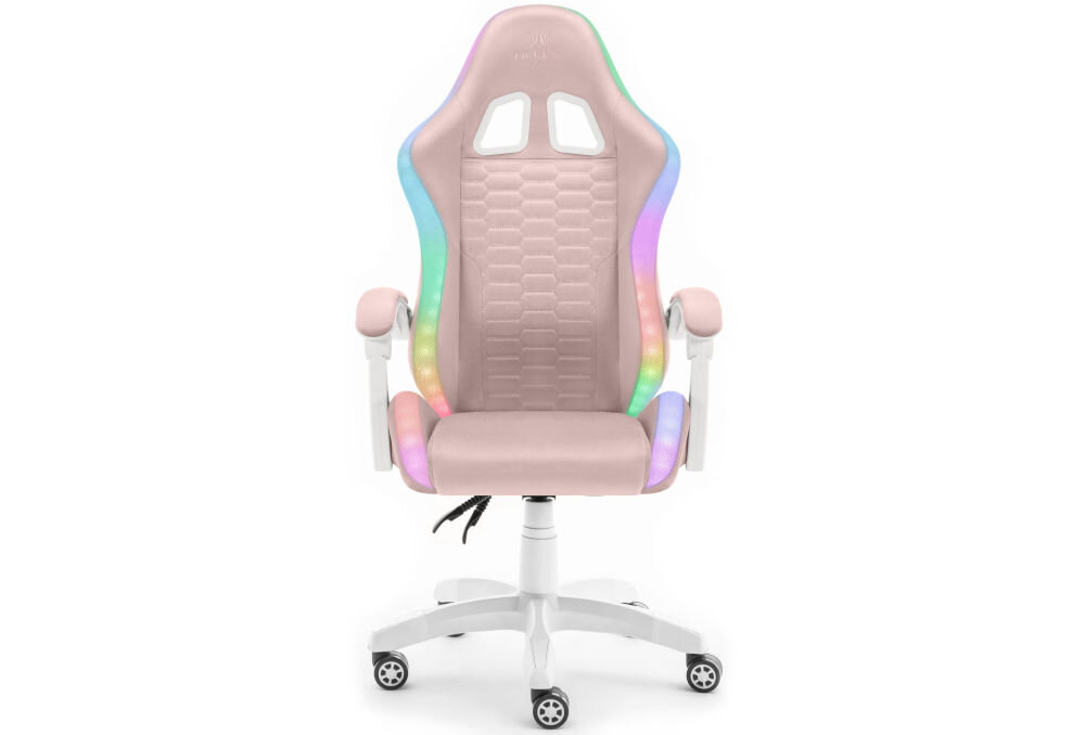 Fotel HELL'S CHAIR HC-1000 LED RGB Różowo-biały prezentacja fotela od przodu na białym tle obok dziecko wymiary stabilność