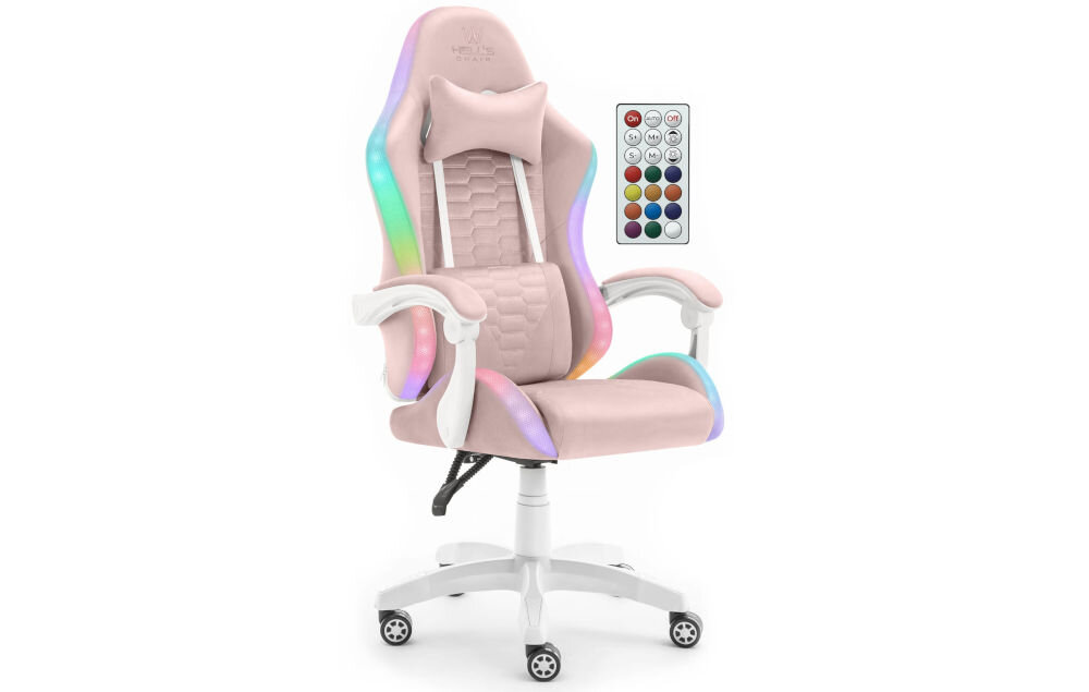 Fotel HELL'S CHAIR HC-1000 LED RGB Różowo-biały prezentacja fotela od przodu pod kątem na białym tle obok pilot podświetlenie LED RGB do wyboru kolor lub jeden z wielu programów dynamicznej zmiany barw pilot bateria